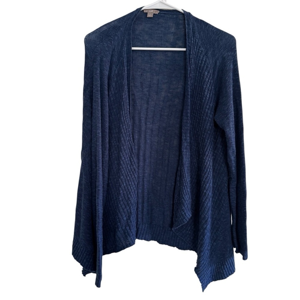 J Jill Blue Open Front Cardigan Knit Sweater Linen Blend Long Sleeve Waterfall S